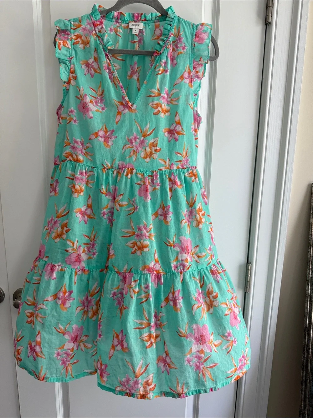 J. Crew Aqua Floral Tiered  Bathing Suit Cover-Up with  Pink & Orange Blooms